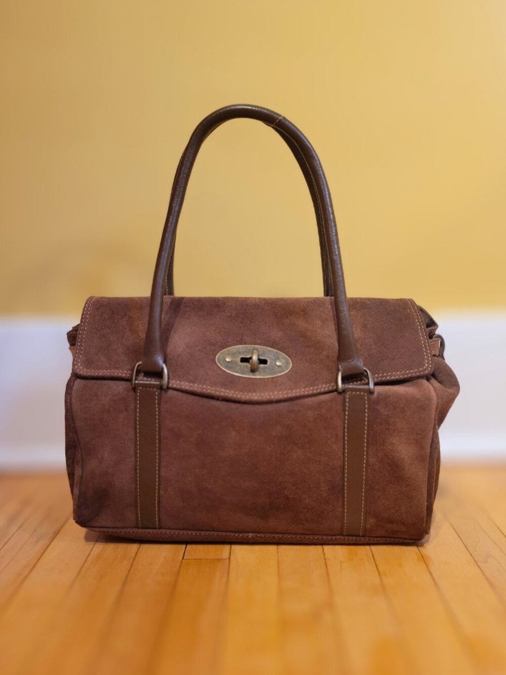 Vintage Chocolate Brown Suede Bayswater Style Tote Bag Satchel Boho